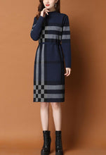 Load image into Gallery viewer, Plaid Knit Patchwork Turtleneck Sweater Dress