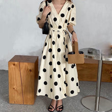 Load image into Gallery viewer, Vintage Lace Up Polka Dots Vintage Midi Dress