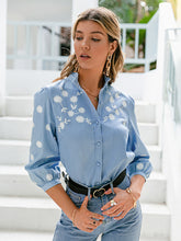 Load image into Gallery viewer, Denim Embroidery Puff Sleeve Stand Collar Blouse