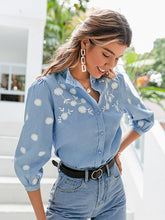 Load image into Gallery viewer, Denim Embroidery Puff Sleeve Stand Collar Blouse