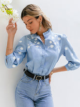 Load image into Gallery viewer, Denim Embroidery Puff Sleeve Stand Collar Blouse