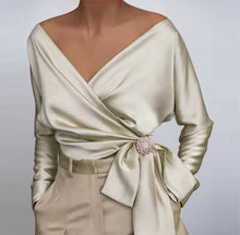 Load image into Gallery viewer, Elegant Knotted V Neck Satin Top Blouse
