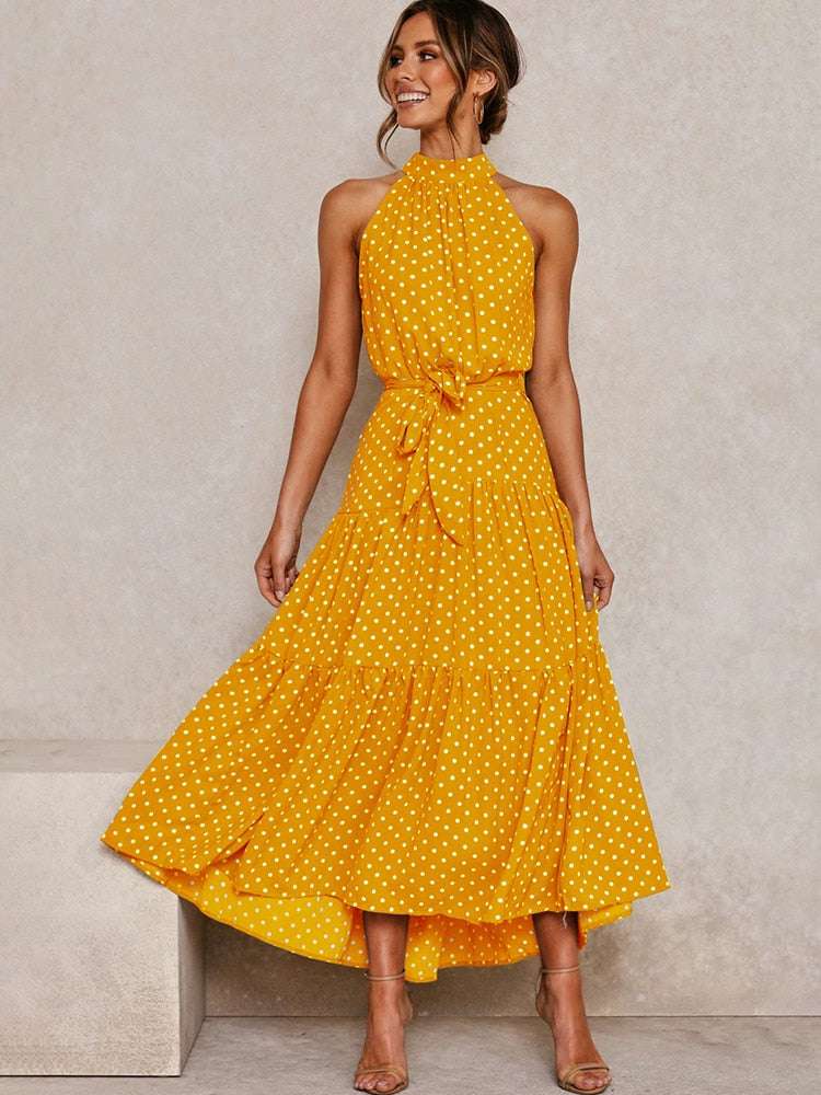 Sweet Polka Dot Halter Strapless Maxi Dress