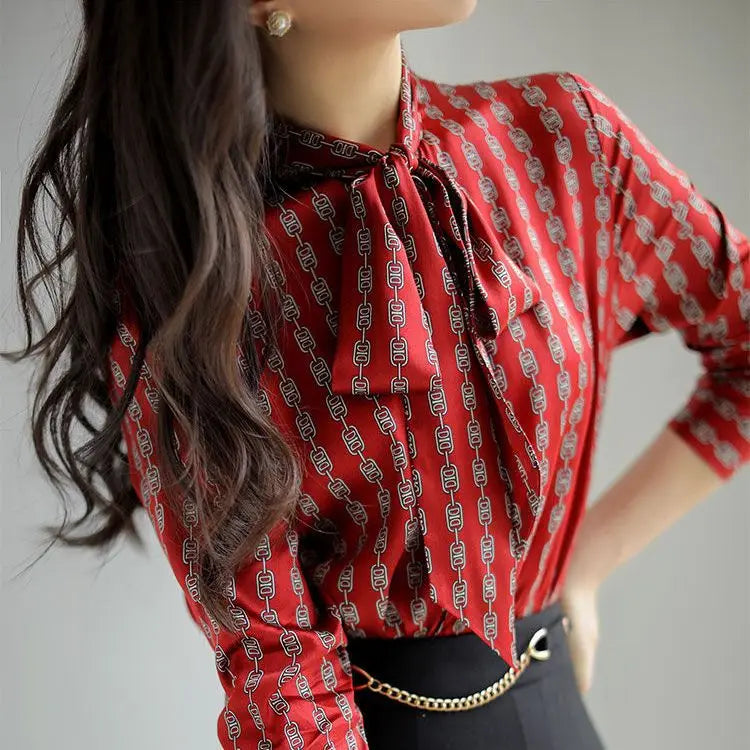 Elegant Red Bow-Tie Blouse