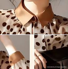 Load image into Gallery viewer, Collage of a polka dot blouse with a brown collar, sleeve cuffs, and ring
