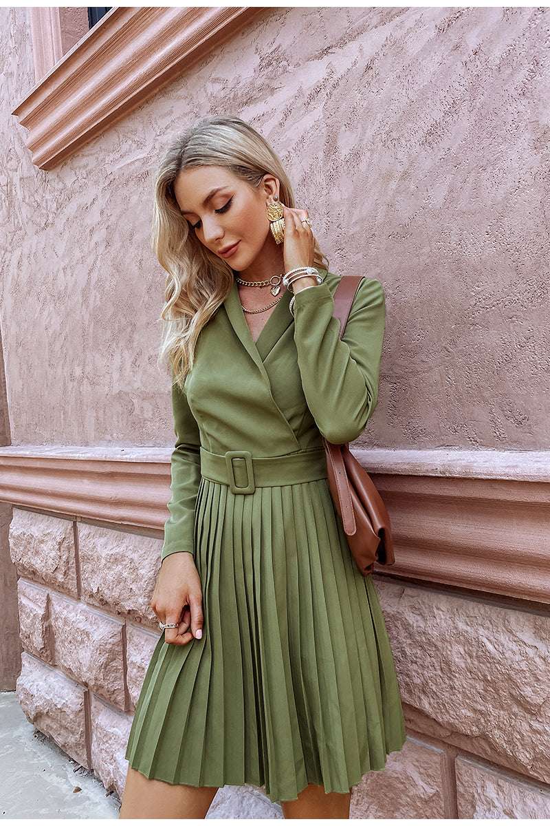 Olive Green Pleated Belt Blazer Chic Dress