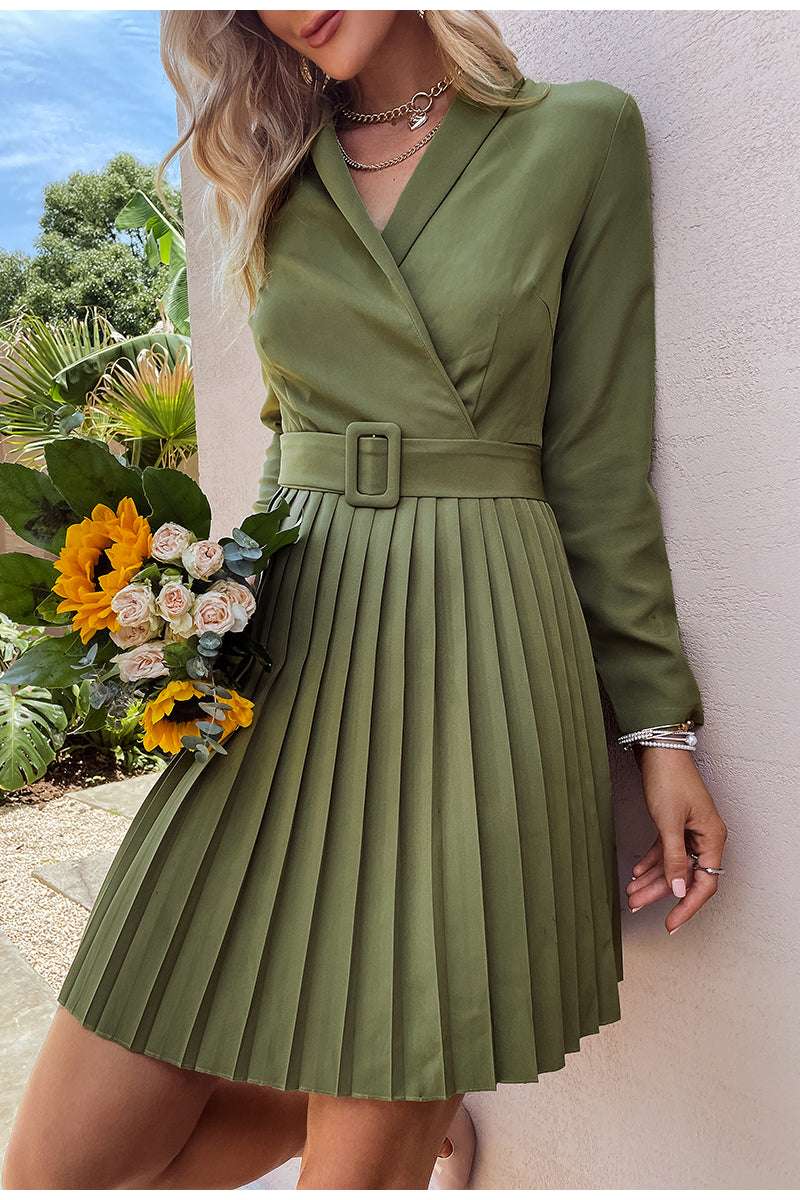Olive Green Pleated Belt Blazer Chic Dress | Pretty Fashionation Olive Green Pleated Belt Blazer Chic Dress | Pretty Fashionation