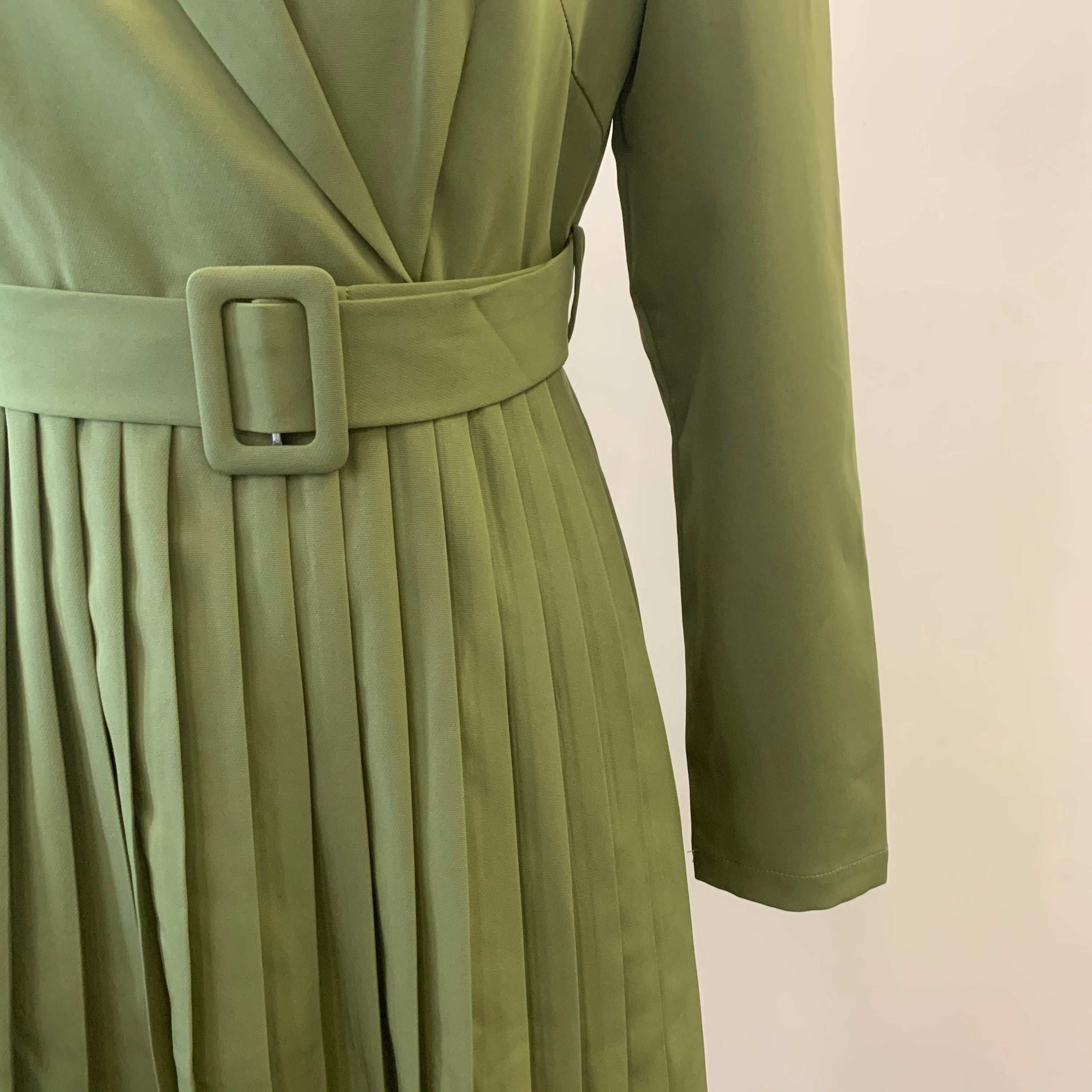 Olive Green Pleated Belt Blazer Chic Dress | Pretty Fashionation
