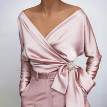Load image into Gallery viewer, Elegant Knotted V Neck Satin Top Blouse
