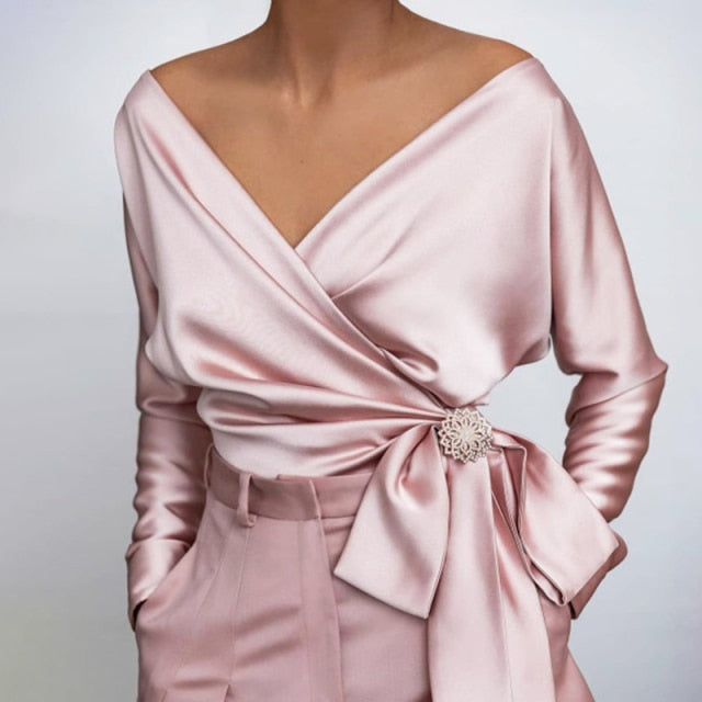 Elegant Knotted V Neck Satin Top Blouse