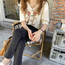 Load image into Gallery viewer, White embroidered crochet cardigan top with floral detailing
