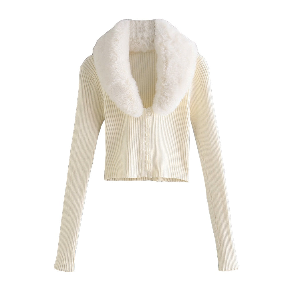 Vintage Faux Fur Collar Ribbed Knit Cardigan Sweater