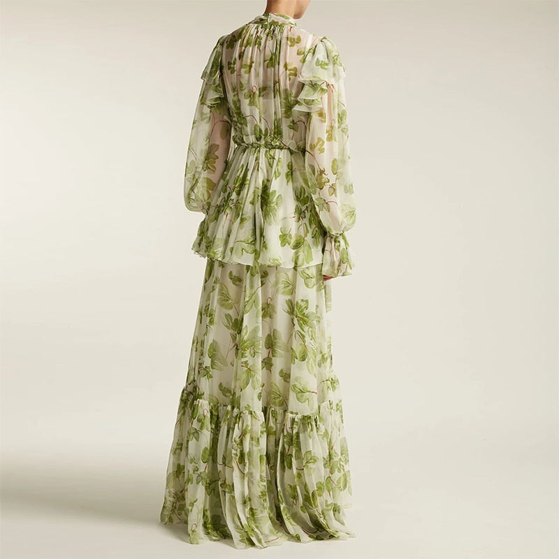 Runway Designer Floral Old Moss Green Dress
