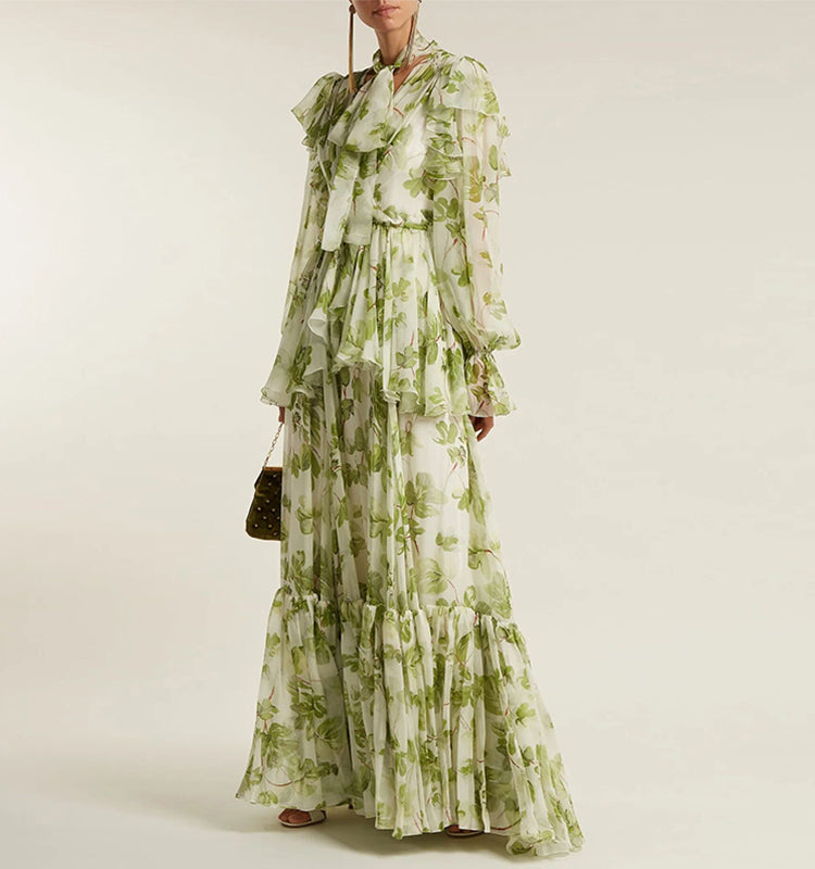 Runway Designer Floral Old Moss Green Dress