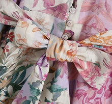 Load image into Gallery viewer, Stand Collar Patchwork Floral Bow Sashes Shirtdress - Pretty Fashionation
