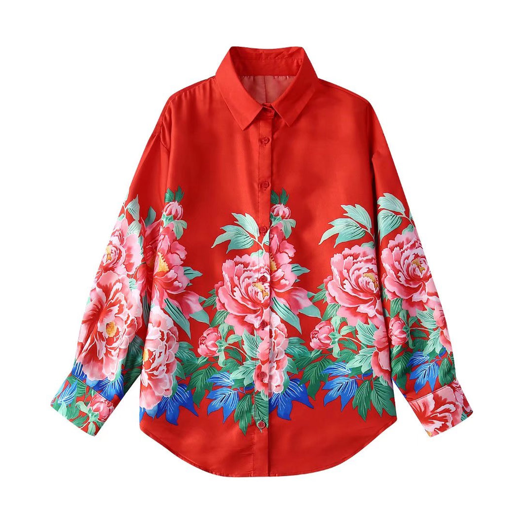Vintage Chic Floral Red Blouse