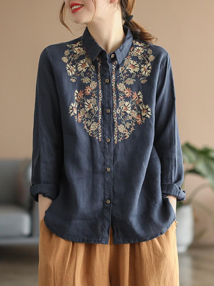 Boho Vietnamese Floral Embroidery Cotton Linen Shirt