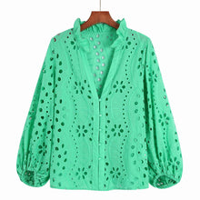 Load image into Gallery viewer, Embroidery Lace Hollow Out Lantern Sleeve Blouse Shirt
