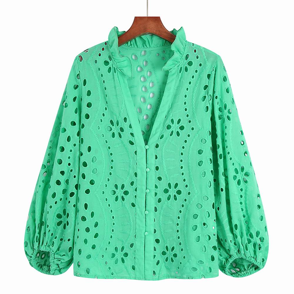 Embroidery Lace Hollow Out Lantern Sleeve Blouse Shirt