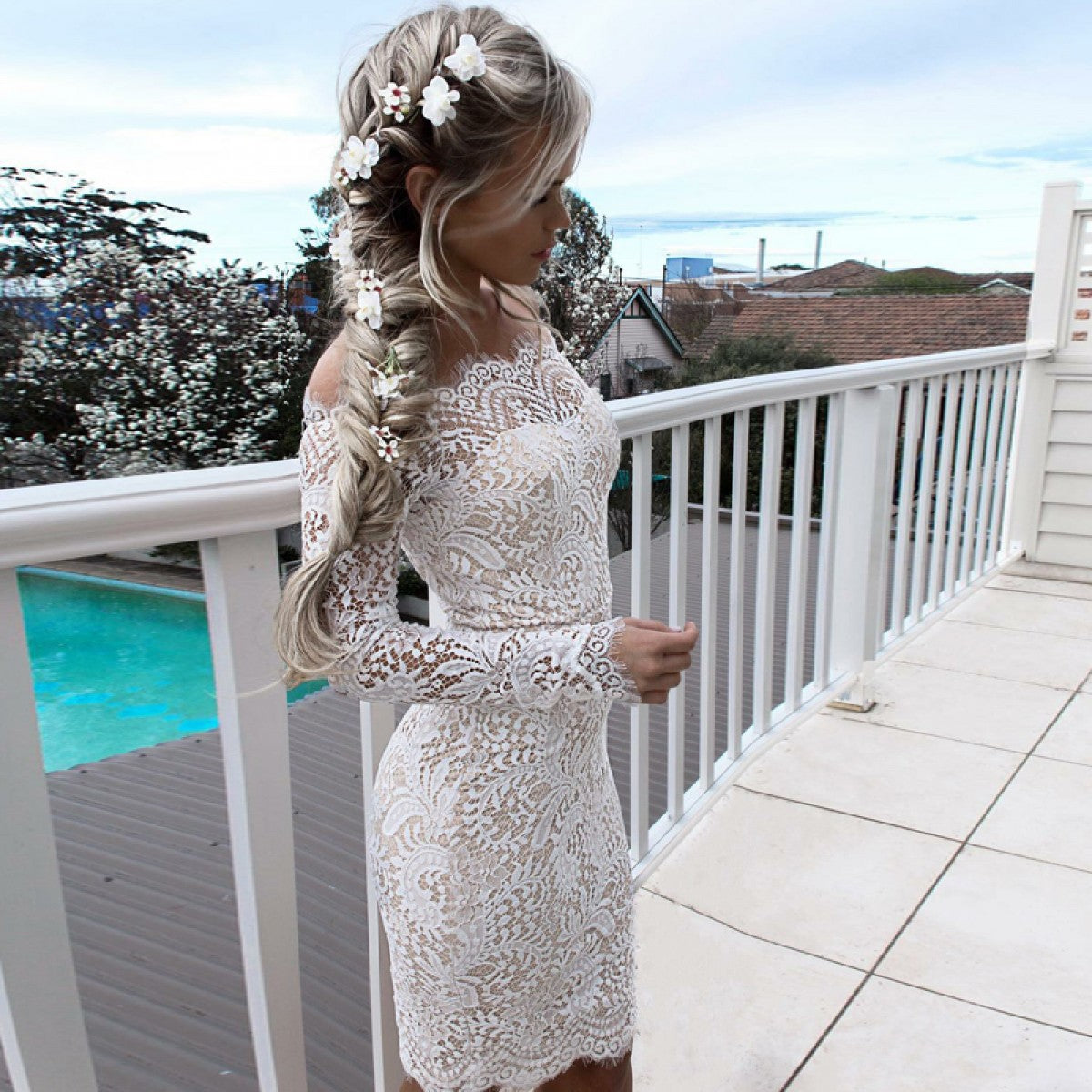 knee length dresses for ladies Elegant White Lace Off-the-Shoulder Dress