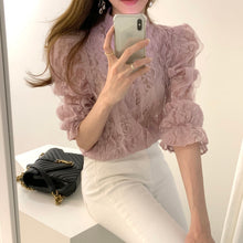 Load image into Gallery viewer, Mesh Lace Crochet Stand Collar Flower Blouse - Pretty Fashionation
