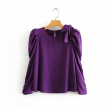 Load image into Gallery viewer, Purple Shoulder Bow Puff Sleeve Smock Blouse - Pretty Fashionation
