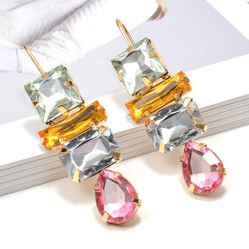 Geometric Colorful Clear Crystals Rhinestone Long Drop Earrings - Pretty Fashionation