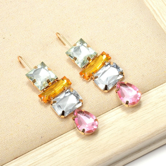 Geometric Colorful Clear Crystals Rhinestone Long Drop Earrings - Pretty Fashionation