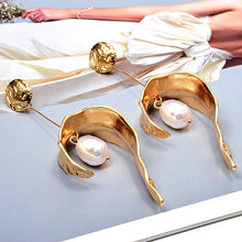 Load image into Gallery viewer, Designer Long Drop Gold Pearl Earrings - Pretty Fashionation

