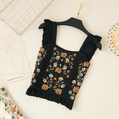 Bohemian Flower Embroidery Sleeveless Ruffles Blouse - Pretty Fashionation