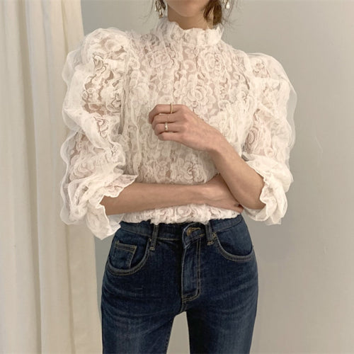 Mesh Lace Crochet Stand Collar Flower Blouse - Pretty Fashionation