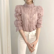 Load image into Gallery viewer, Mesh Lace Crochet Stand Collar Flower Blouse - Pretty Fashionation
