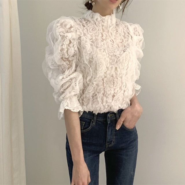 Mesh Lace Crochet Stand Collar Flower Blouse - Pretty Fashionation