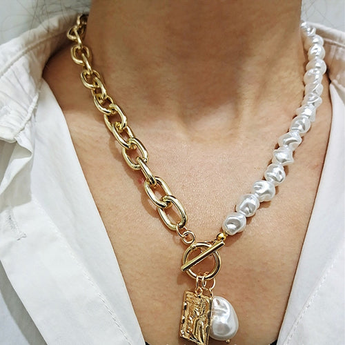 Vintage Irregular Pearl Lock Chains Necklace - Pretty Fashionation