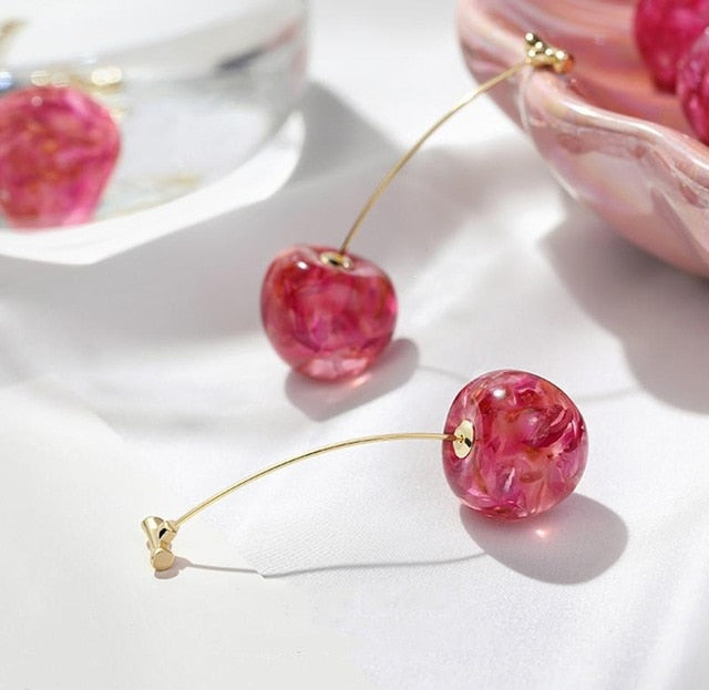 Gold Plated Sweet Sakura Cherry Dang Drop Earrings - Pretty Fashionation