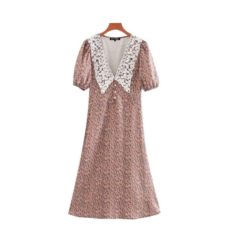 Vintage Floral Lapel Lace Collar Midi Dress Pretty Fashionation Vintage Floral Lapel Lace Collar Midi Dress Pretty Fashionation