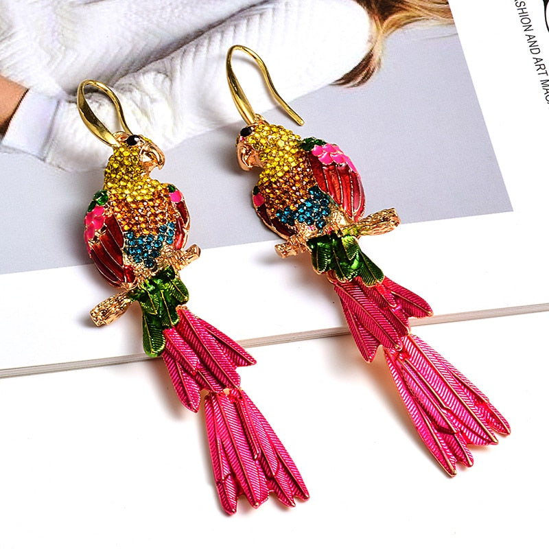 Colorful Parrot Crystals Statement Drop Earrings - Pretty Fashionation