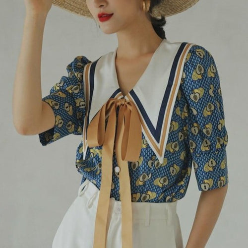 Retro French Style Contrast Collar Bow Tie Blouse - Pretty Fashionation