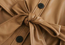 Load image into Gallery viewer, Camel Vintage Bow Belted Faux Leather Loose Jacket - Pretty Fashionation
