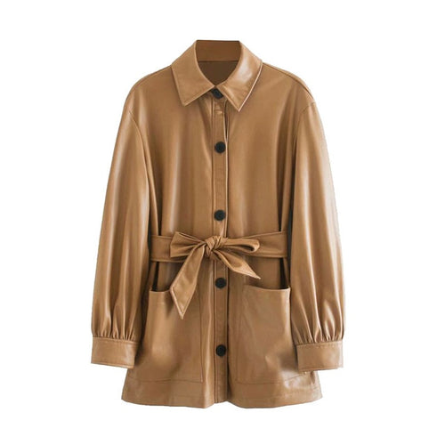Camel Vintage Bow Belted Faux Leather Loose Jacket - Pretty Fashionation