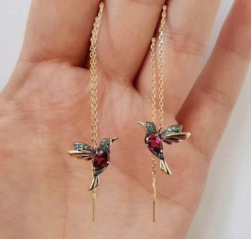 Gold-plated Hummingbird Crystal Drop Tassel Earrings - Pretty Fashionation