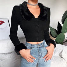 Load image into Gallery viewer, Fluffy Fur Collar Button Cropped Sweater

