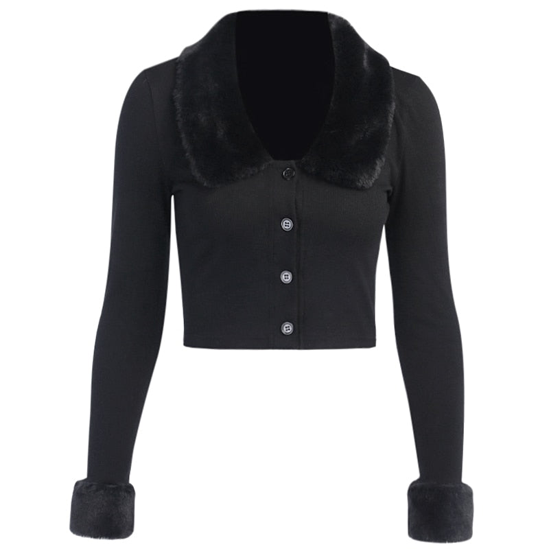 Fluffy Fur Collar Button Cropped Sweater