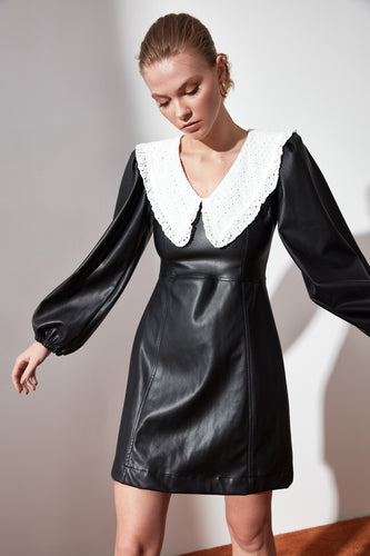 Faux Leather Collar Detail Dress - Pretty Fashionation