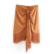 Load image into Gallery viewer, Knotted Asymmetric Shirred Tassel Fringed Mini Skirt - Pretty Fashionation
