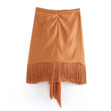 Load image into Gallery viewer, Knotted Asymmetric Shirred Tassel Fringed Mini Skirt - Pretty Fashionation
