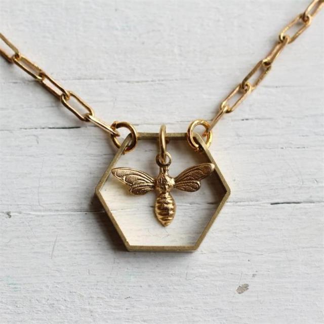 Gold Plated Geometric Hexagon Bee Hive Necklace