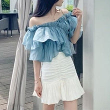 Load image into Gallery viewer, Vintage Blue Off Shoulder Ruffle Chiffon Blouse - Pretty Fashionation
