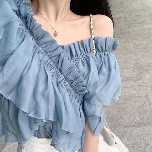 Vintage Blue Off Shoulder Ruffle Chiffon Blouse - Pretty Fashionation