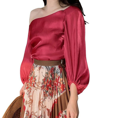 Satin One Shoulder Lantern Sleeve Blouses - Pretty Fashionation